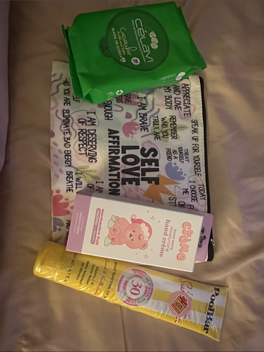 Wipes, Crème shop hand cream, sunscreen, and bag bundle